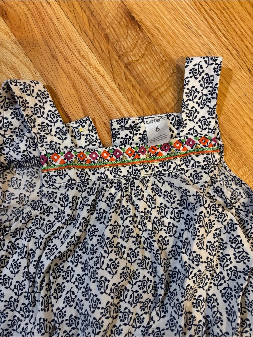 Carter's White and Navy Floral One-Piece with Colorful Embroidery